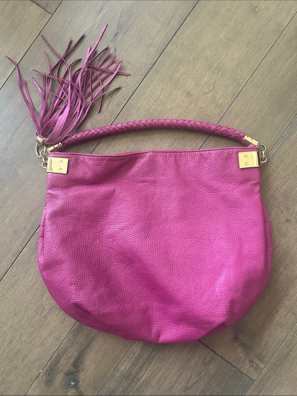 Pink Pebbled Leather Hobo Bag with Braided Handle, Pink Tassle and Gold Hardware